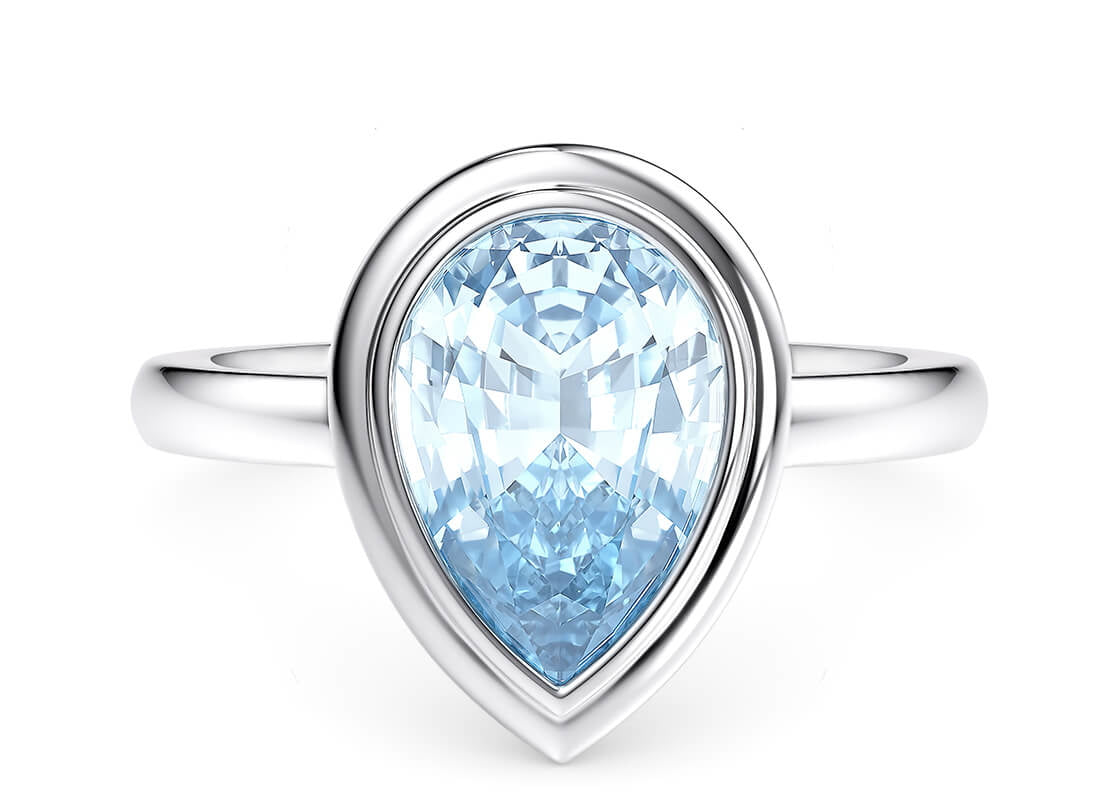 This design truly celebrates the gemstone’s natural beauty, placing a pear-shaped aquamarine front and center. The stone is embraced by a double-stepped bezel, giving the piece a refined and striking outline while preserving its timeless elegance.