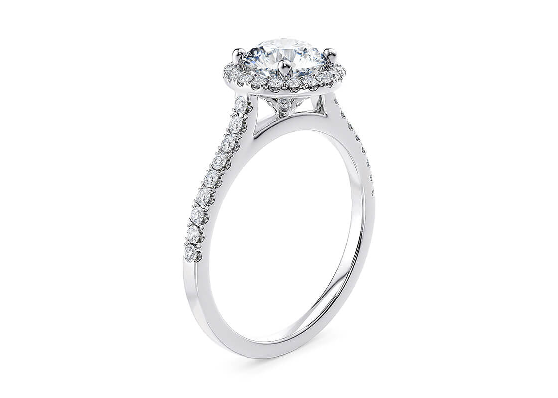 Celestia Halo Ring in 18k White Gold – Round Cut Diamond Setting
